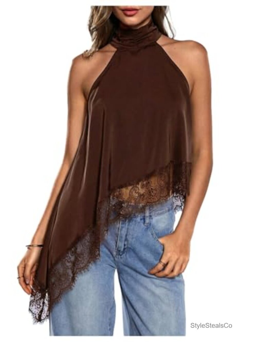 Halter Neck Lace Asymmetrical Hem Sleeveless Tank Top Going Out